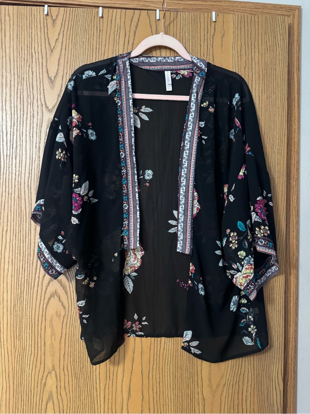 Xhilaration Black Sheer Floral Kimono with Pink and Teal Accents